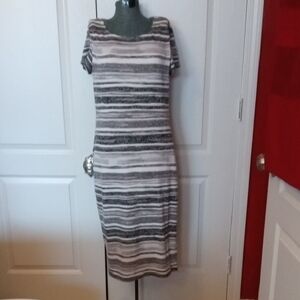 Olivia Matthews Grey & White Striped Short-Sleeve Midi Dress